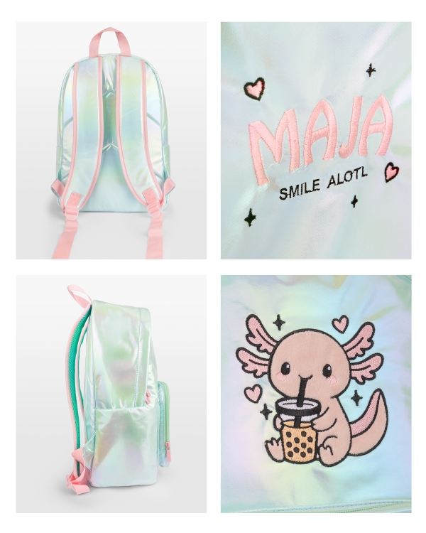 Skimrig skolryggsäck med motiv av axolotl och broderat namn