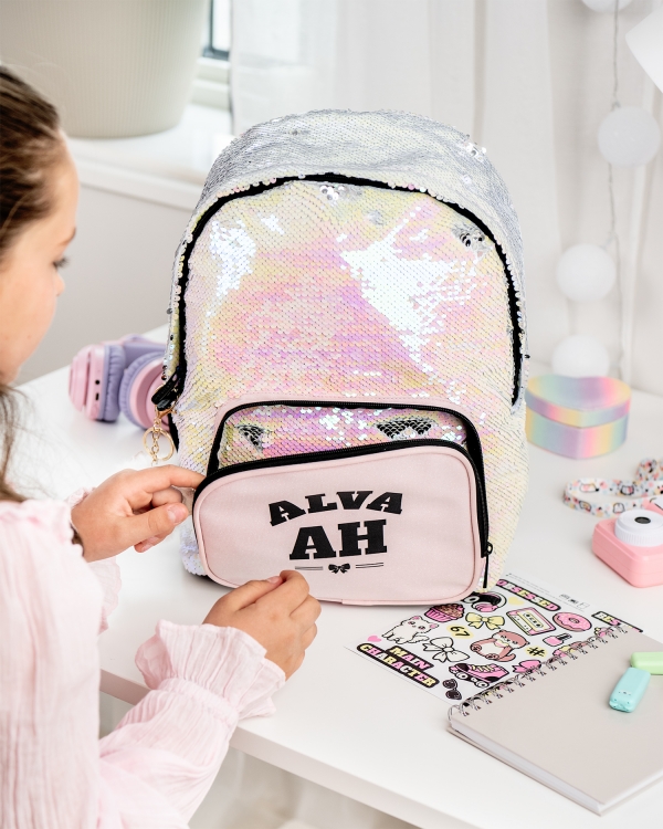 Paljettryggsäck med smarta fack till skolan