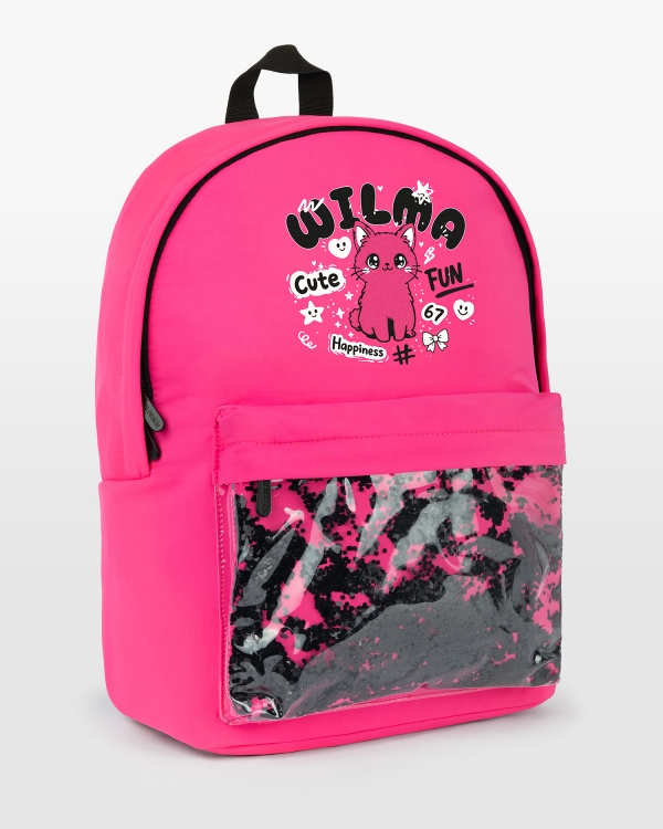 Ceriserosa skolryggsäck med kattmotiv grafitti och valfritt tryck