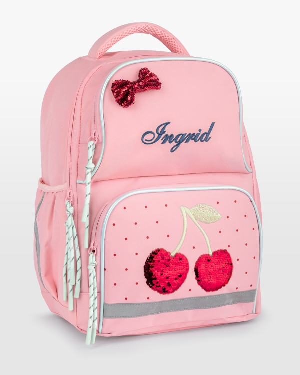 Rosa skolryggsäck med kylfack, körsbärsmotiv, broderat blått namn och reflexer