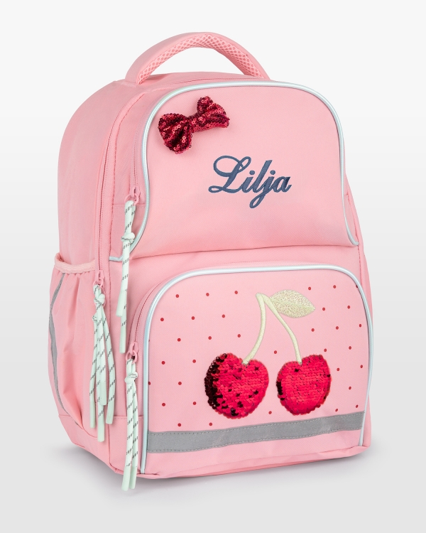 Rosa skolryggsäck med kylfack, körsbärsmotiv, broderat blått namn och reflexer