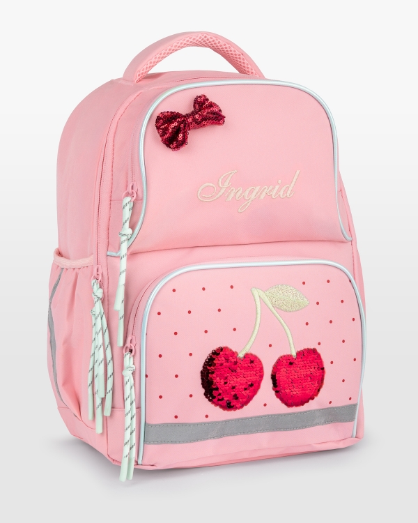 Rosa skolryggsäck med kylfack, körsbärsmotiv, broderat cremefärgat namn och reflexer
