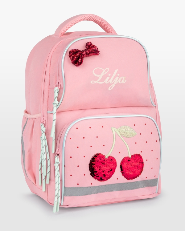 Rosa skolryggsäck med kylfack, körsbärsmotiv, broderat cremefärgat namn och reflexer