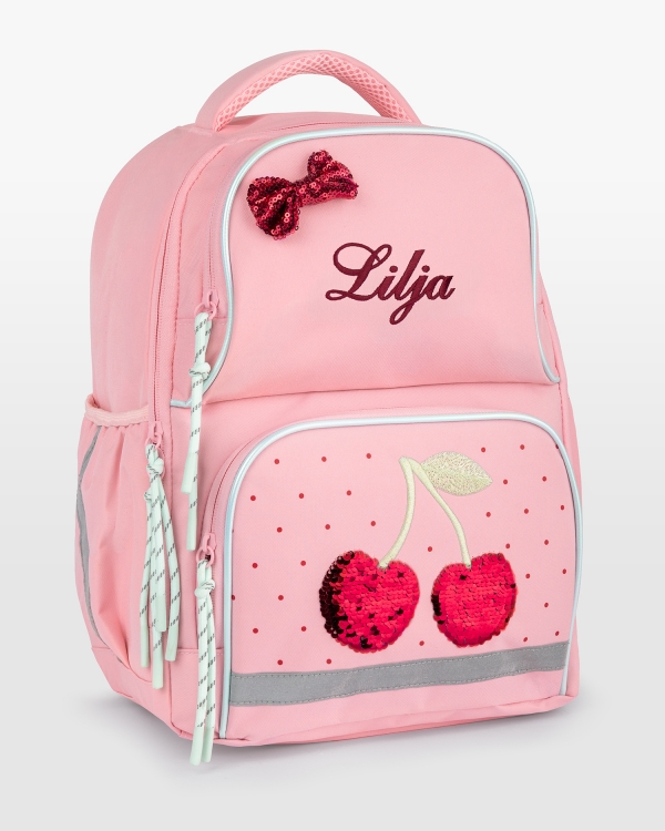 Rosa skolryggsäck med kylfack, körsbärsmotiv, broderat namn och reflexer