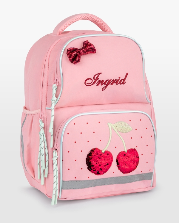 Rosa skolryggsäck med kylfack, körsbärsmotiv, broderat namn och reflexer