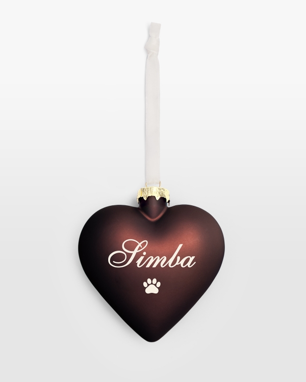 Personlig brun julkula formad som ett hjärta med namn och motiv
