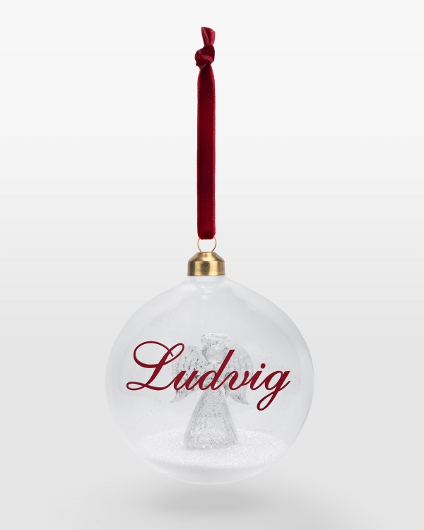 Julkula i glas med motiv av ängel och personligt namn