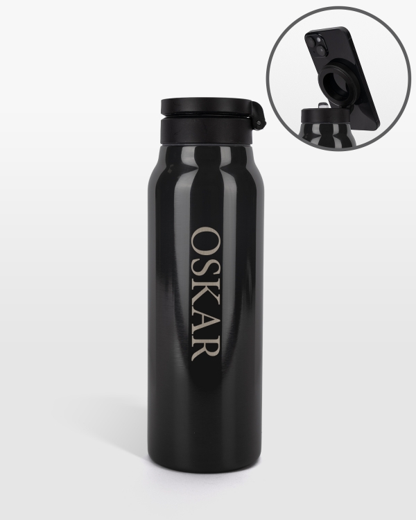 Smart vattenflaska med magnet att fästa mobilen på