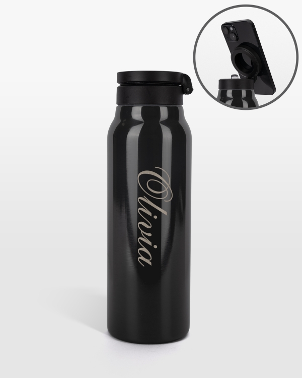 Svart flaska med personlig gravyr i metall och magnet för mobil, perfekt för stil och praktisk användning.