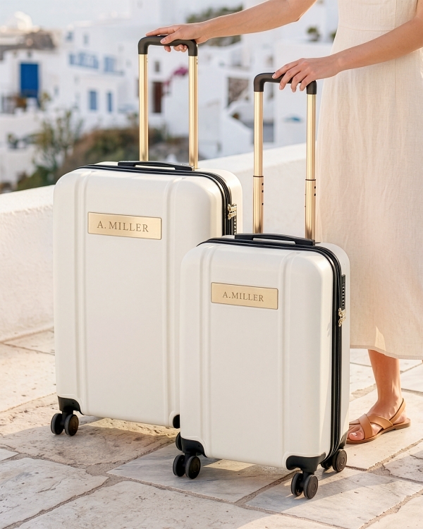Set med cremefärgad resväska och kabinväska med graverat namn