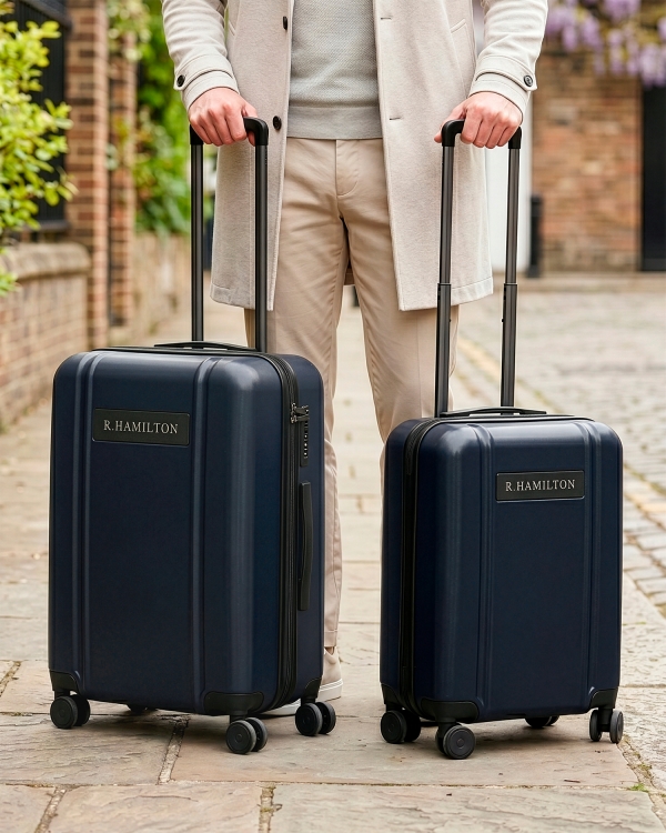 Set med blå resväska och kabinväska med graverat namn