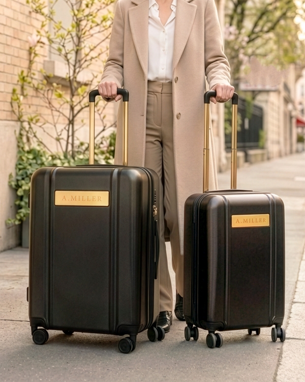 Personligt graverade svarta resväskor