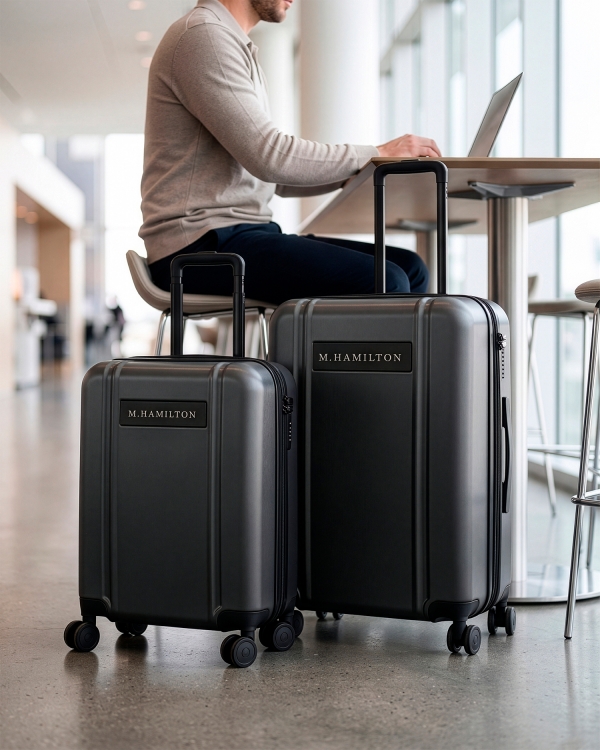 Set med mörkgrå resväska och kabinväska med graverat namn