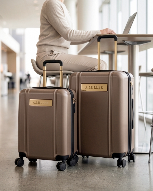 Set med brun resväska och kabinväska med graverat namn