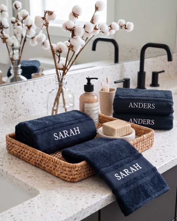 Marinblå handdukar med broderat namn