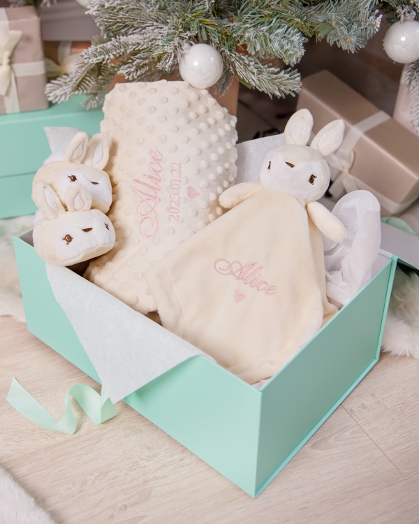 personlig julklapp till nyfödd, babyfilt, snuttefilt och tofflor med namn