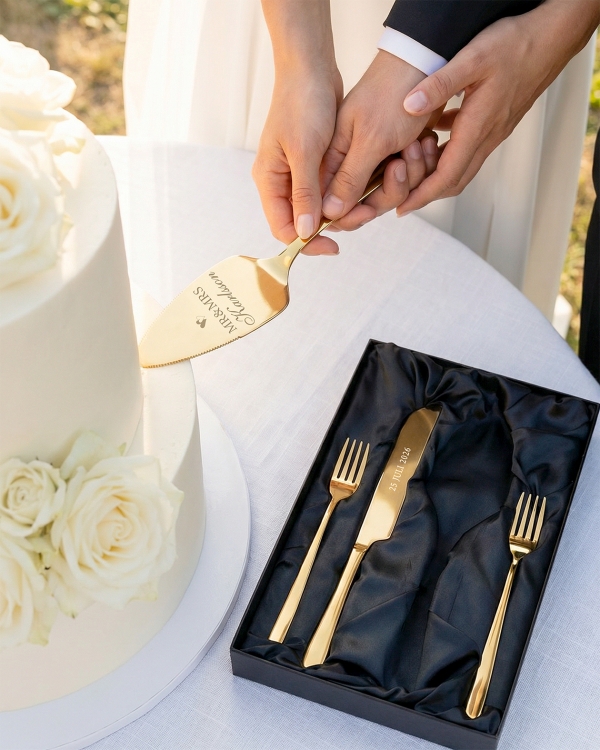 Vackert tårtset i guld med graverad text, till bröllop