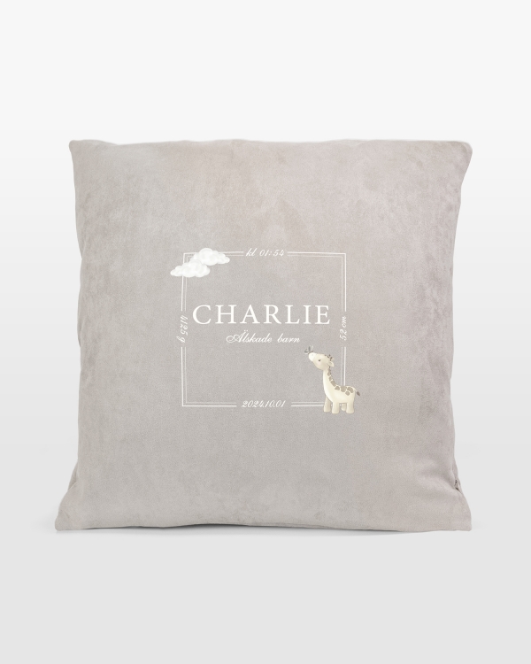 Kuddfodral med barnets namn. datum, vikt, längd och klockslag