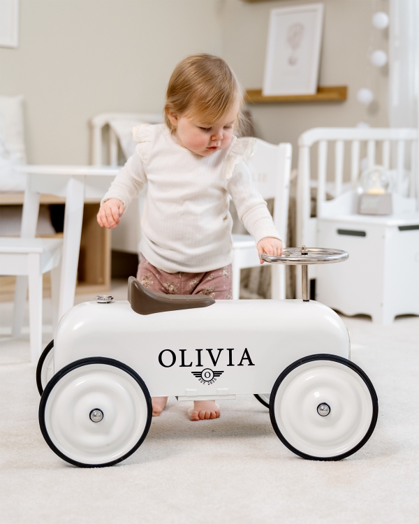 Vintage vit sparkbil med personligt namn