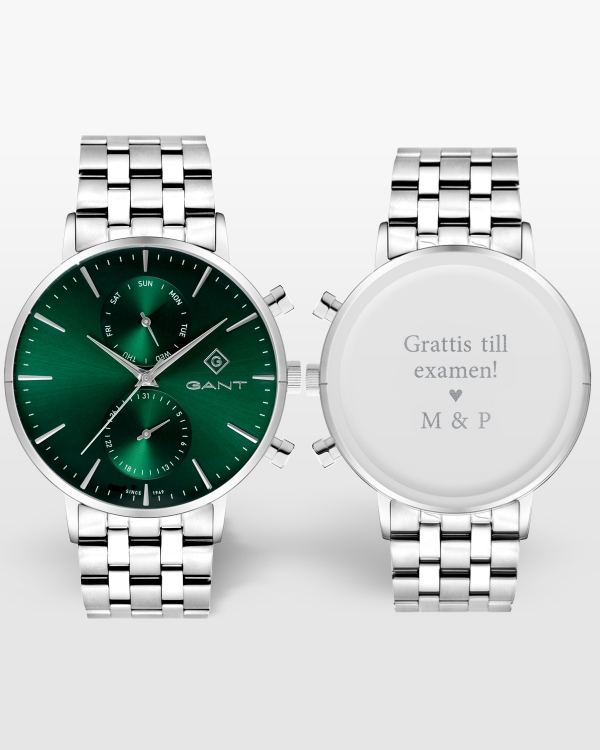 Examenspresent klocka med namn och grattishälsning