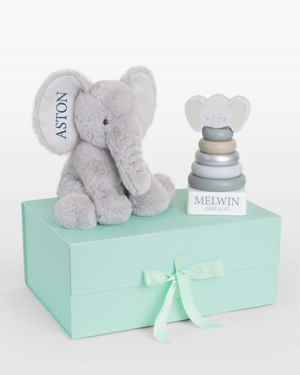 presentset med gosedjur och stapeltorn med namn