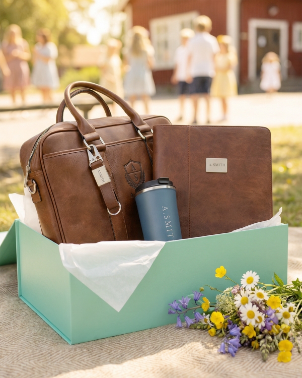 Presentset med laptopväska, konferensmapp, nyckelring och termosmugg i färgen brun