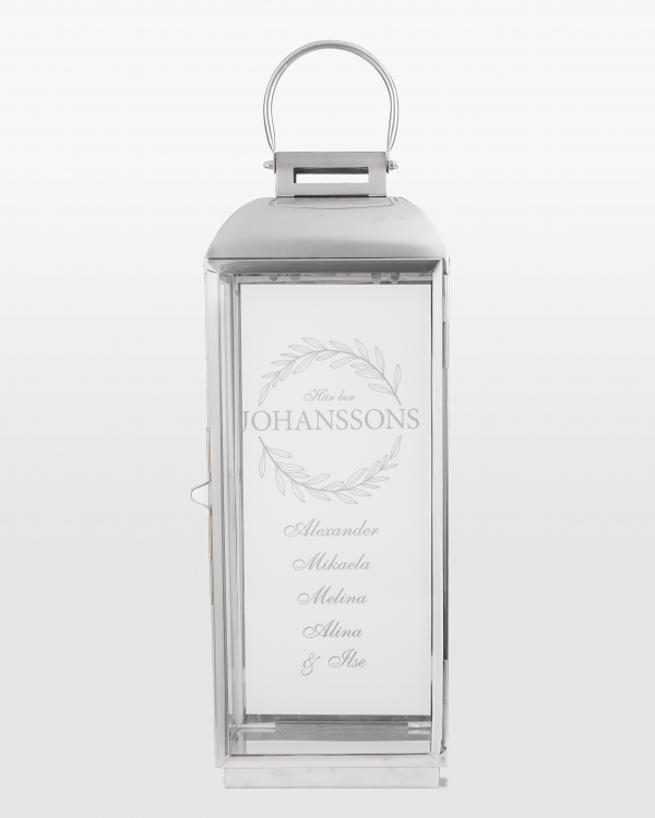 Silverfärgad ljuslykta med personlig gravyr