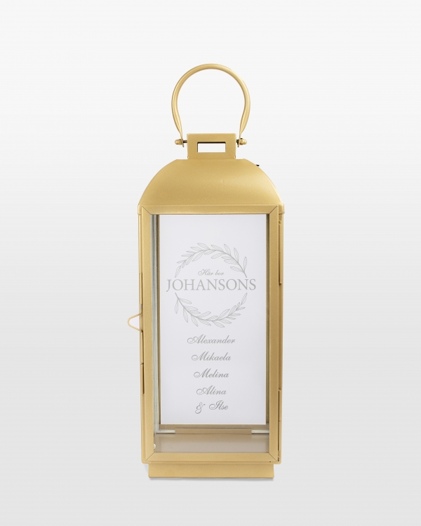 Guldfärgad ljuslykta med namn