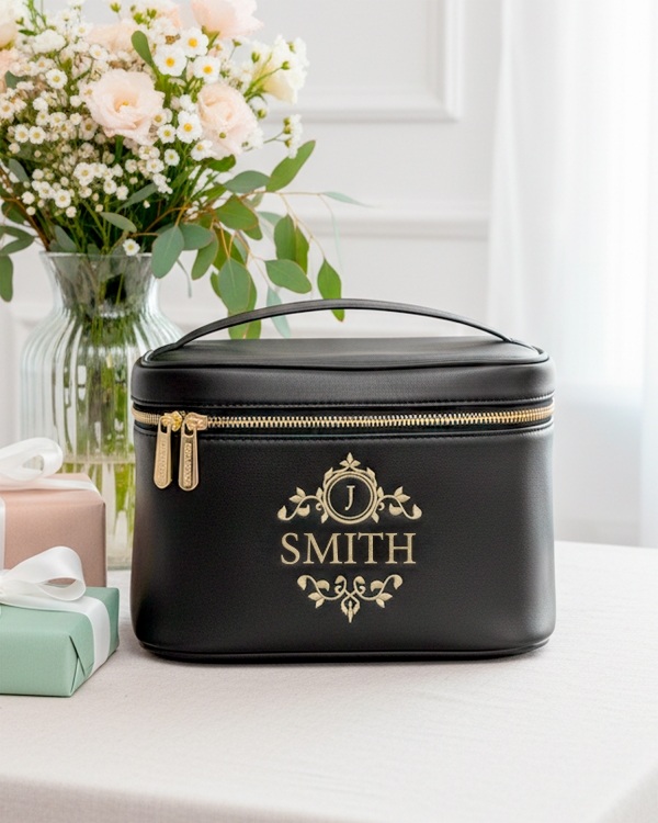 Stor svart makeup-bag med broderat namn i guld till mors dag