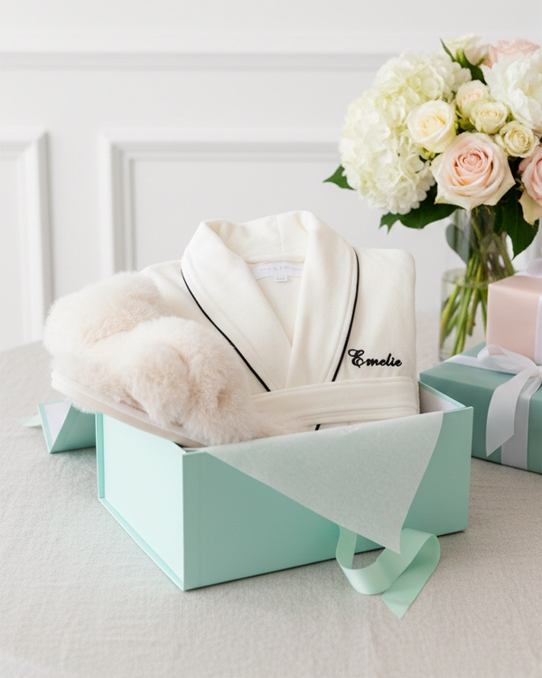 set med morgonrock med namn och tofflor för dam