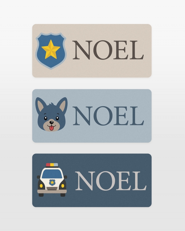 Namnlappar och klistermärken med hundmotiv och en textrad