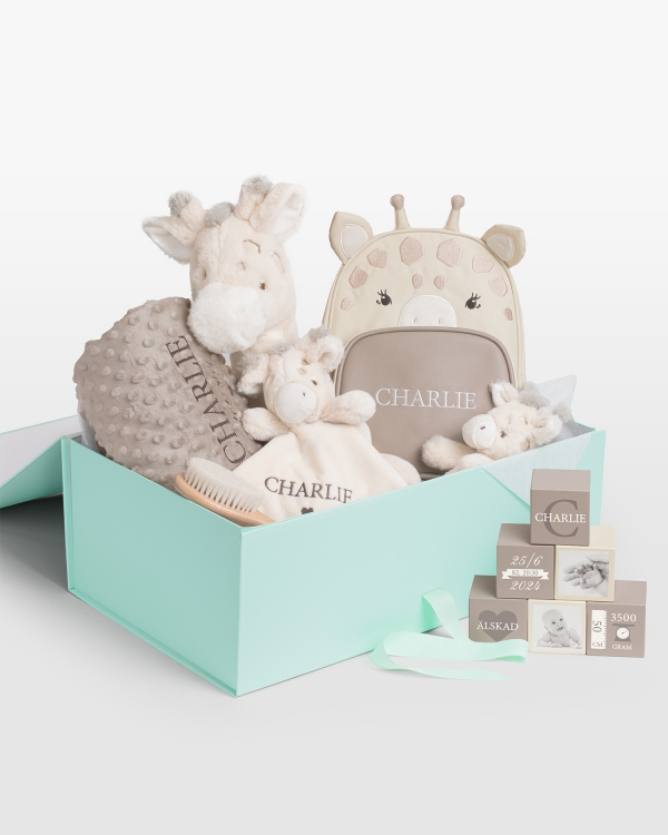 stort presentset i girafftema med namn, till nyfödda bebisar