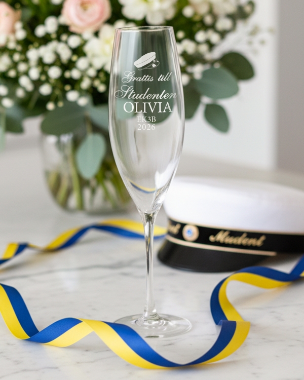 Champagneglas med namn som studentpresent