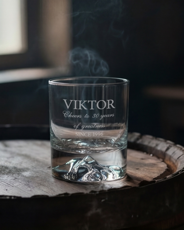 Personligt whiskeyglas med gravyr i svart presentlåda